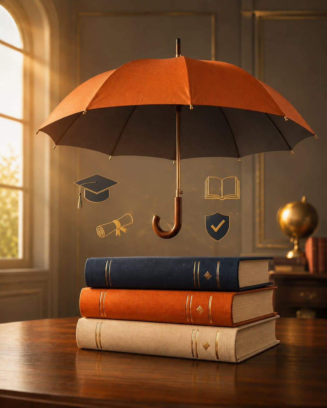 Pile de trois ouvrages d'assurance protégée par un parapluie orange, entourée d'icônes de toque, diplôme, livre ouvert et bouclier — métaphore visuelle du CPFA : la formation comme protection.